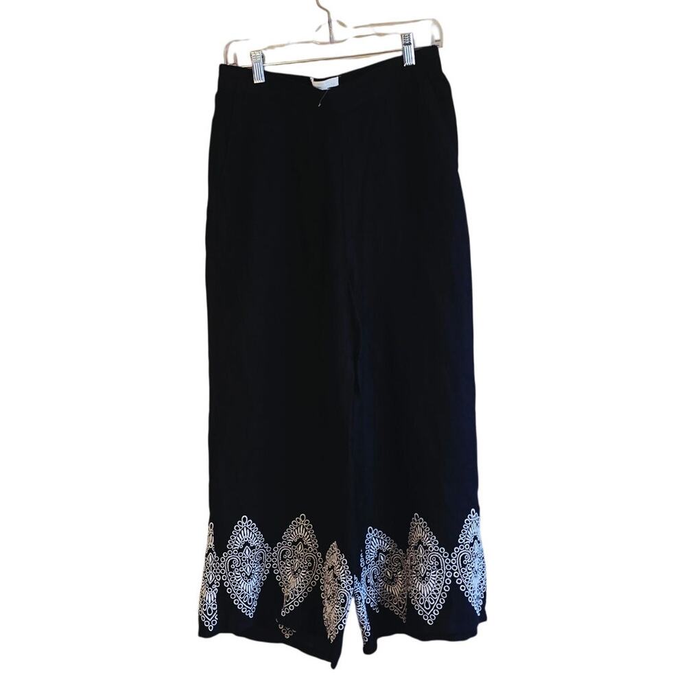 cynthia rowley 100% linen embroidered wide leg pants size large nwot boho